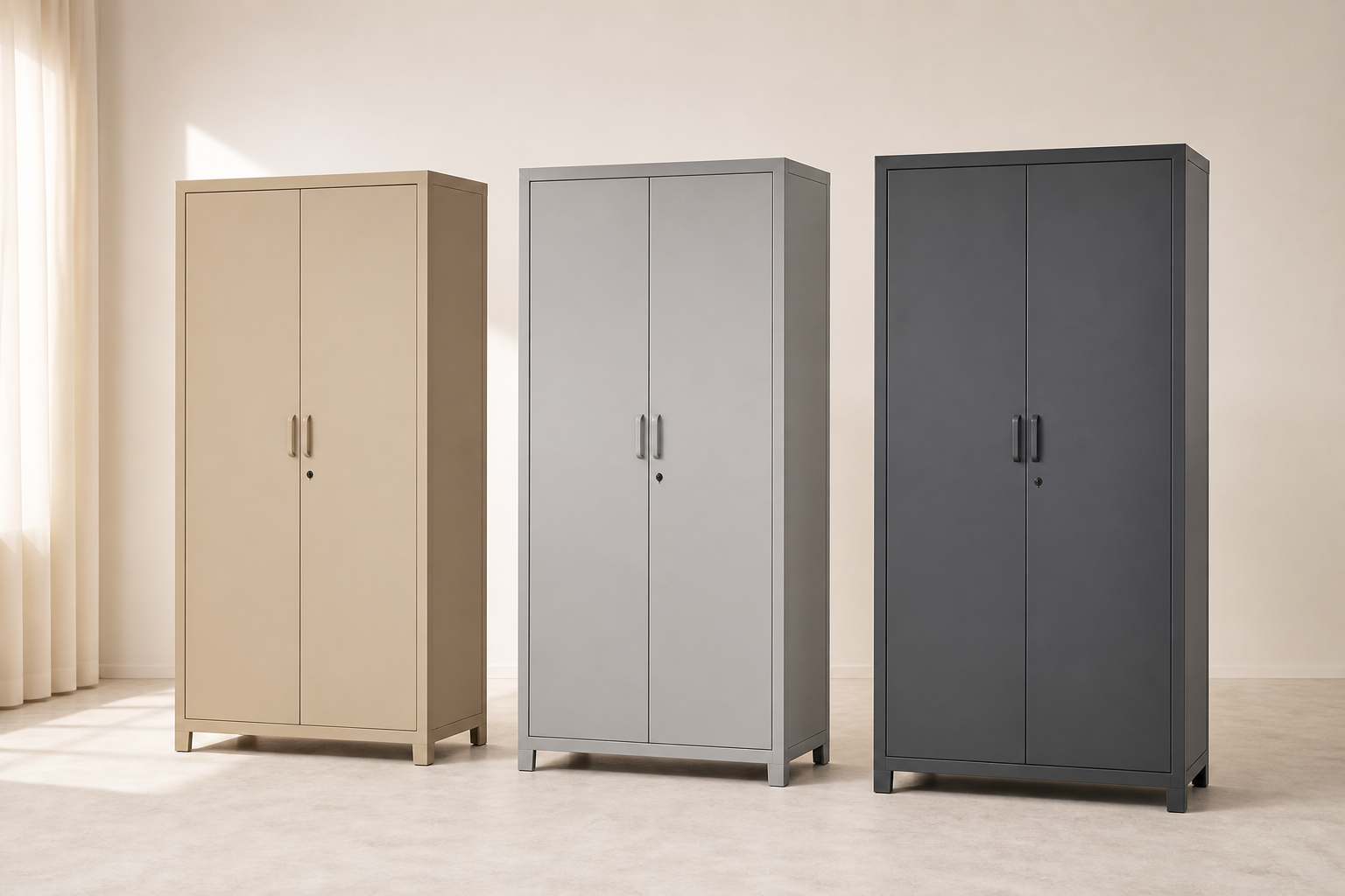 Three metal cupboards in a linen studio