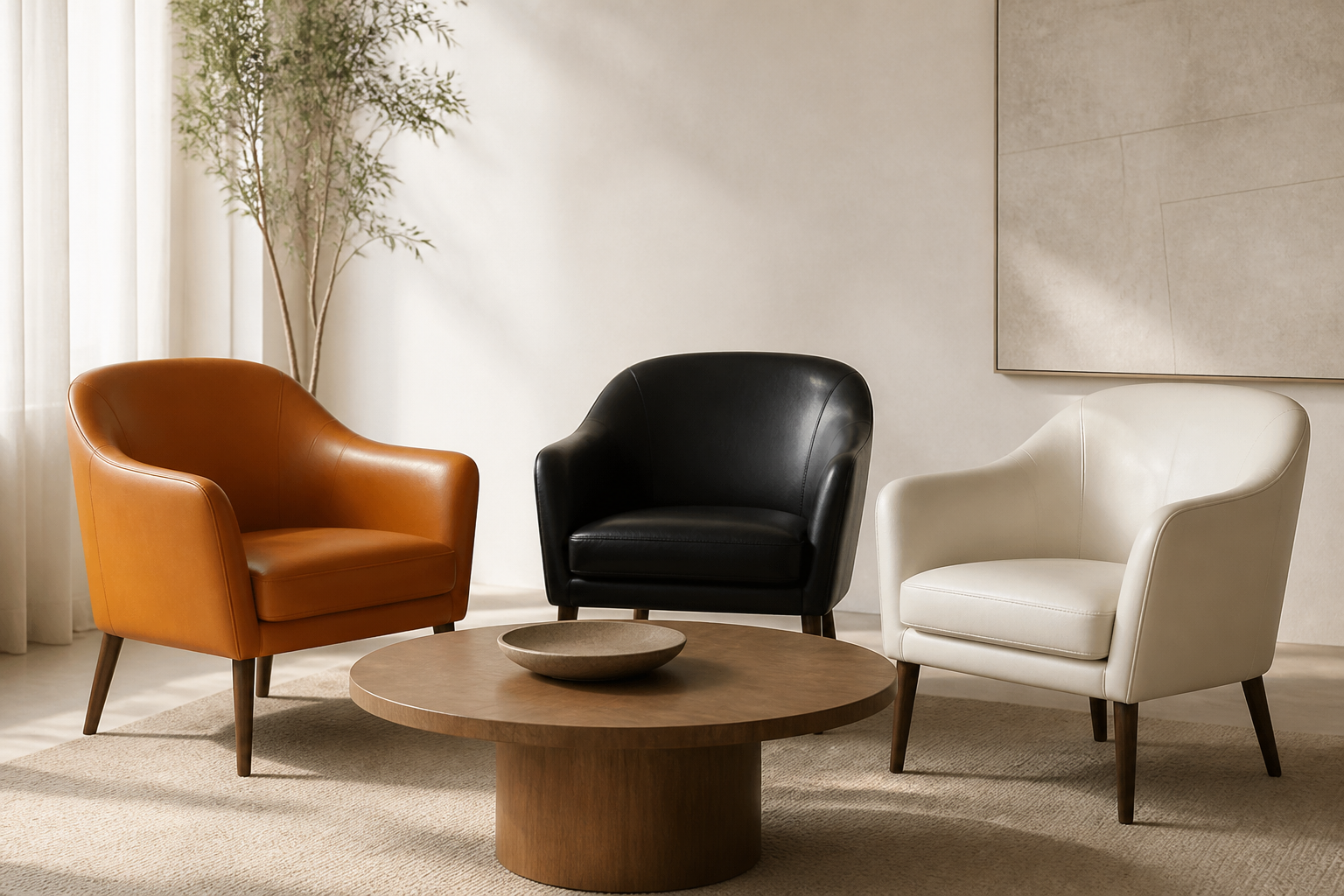 Orange, black, and cream lounge chairs around a round table