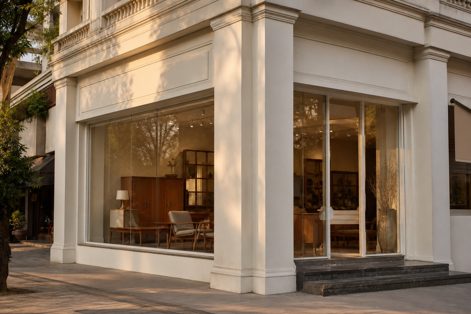 Quiet furniture shop front in warm evening light