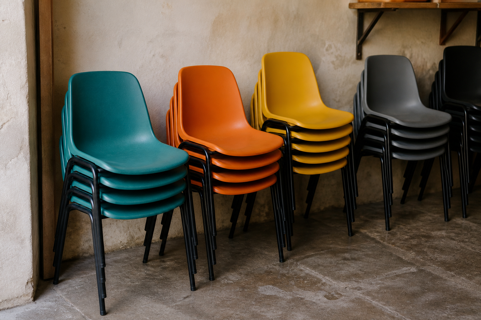 Stacked cafe chairs in the shop storeroom