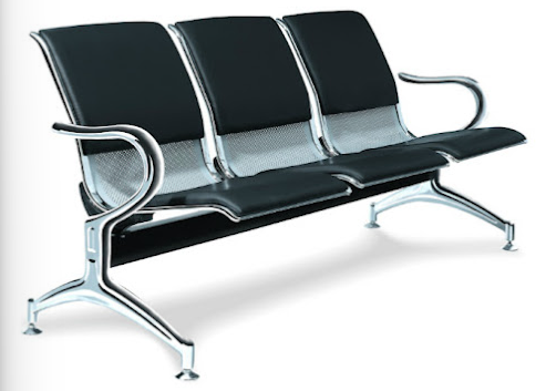 Chrome three-seater waiting bench with black pads
