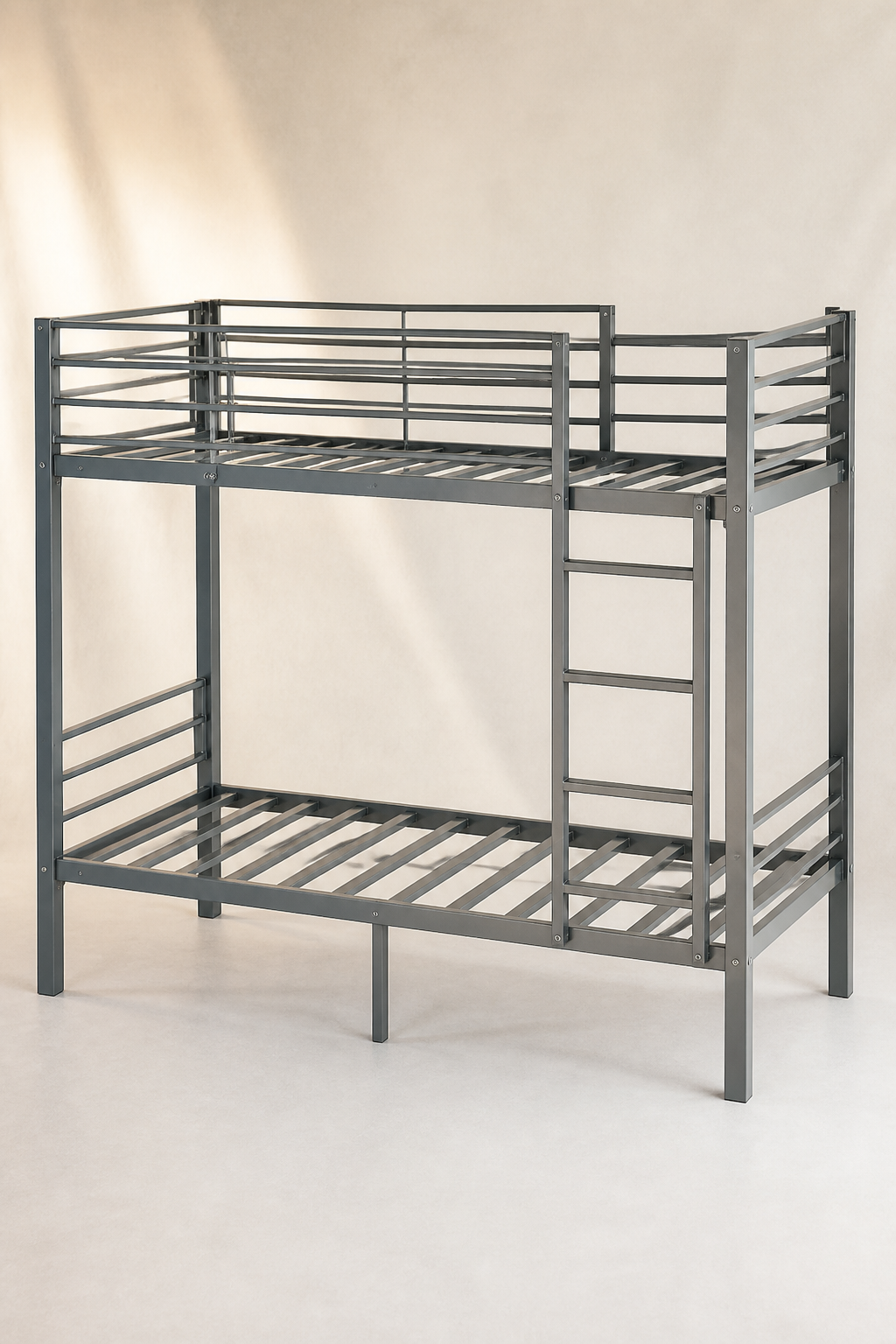 Grey steel twin-over-twin bunk bed