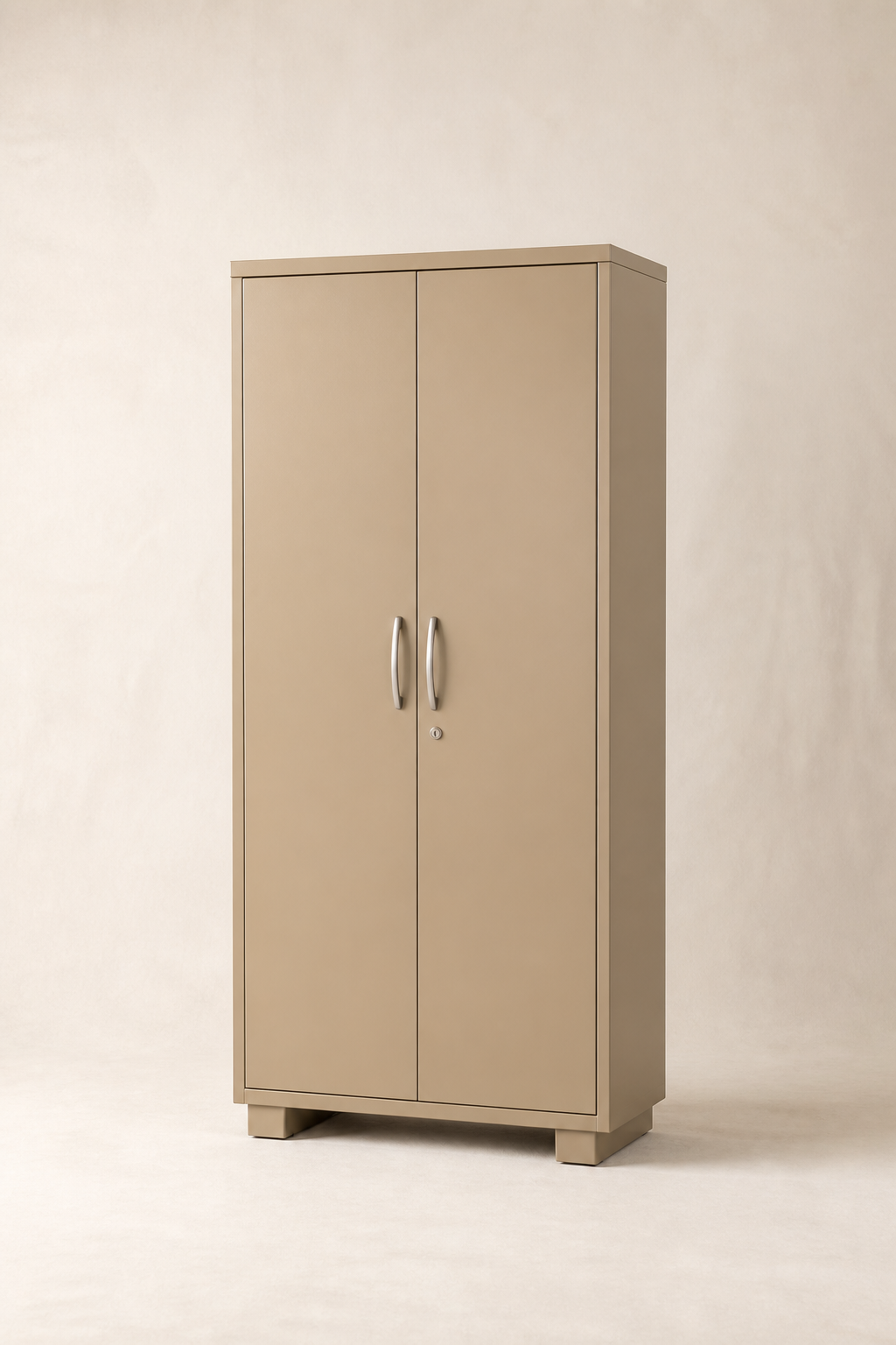 Beige two-door metal almirah, full view
