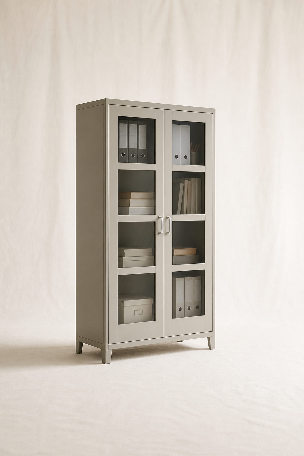 Beige metal cupboard with glass-front doors