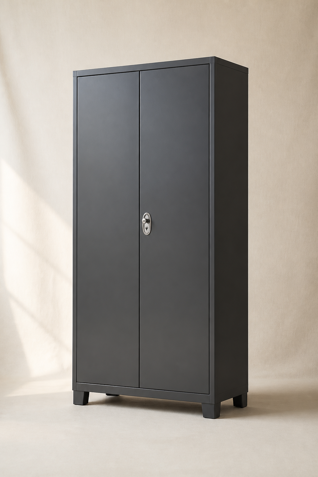 Charcoal grey two-door metal almirah