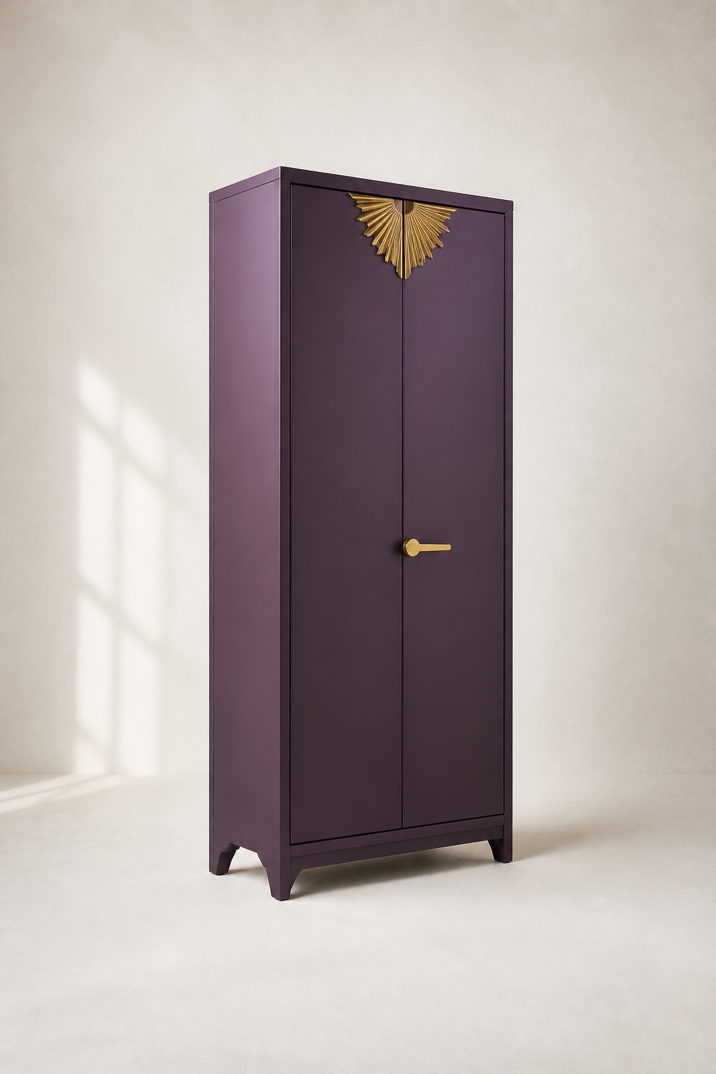 Plum metal cupboard with gold sunburst motif