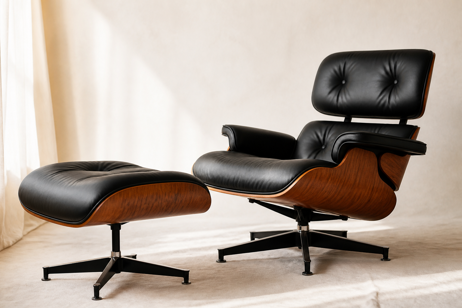 Black tufted leather lounge chair with ottoman