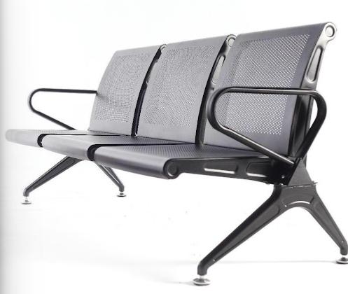 Matte black perforated three-seater waiting bench