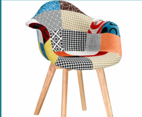 Patchwork upholstered shell armchair on wood legs