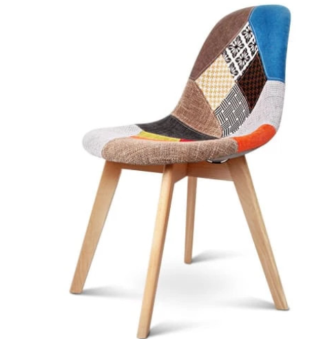 Patchwork upholstered shell side chair on wood legs