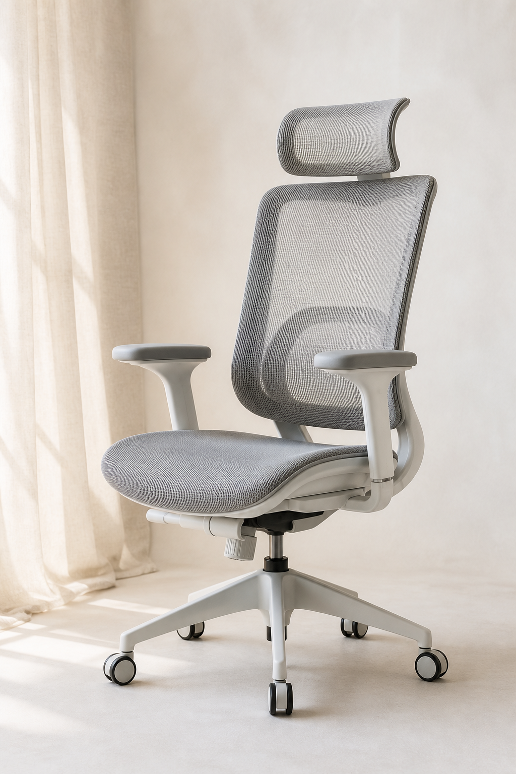 Grey and white ergonomic mesh chair with headrest