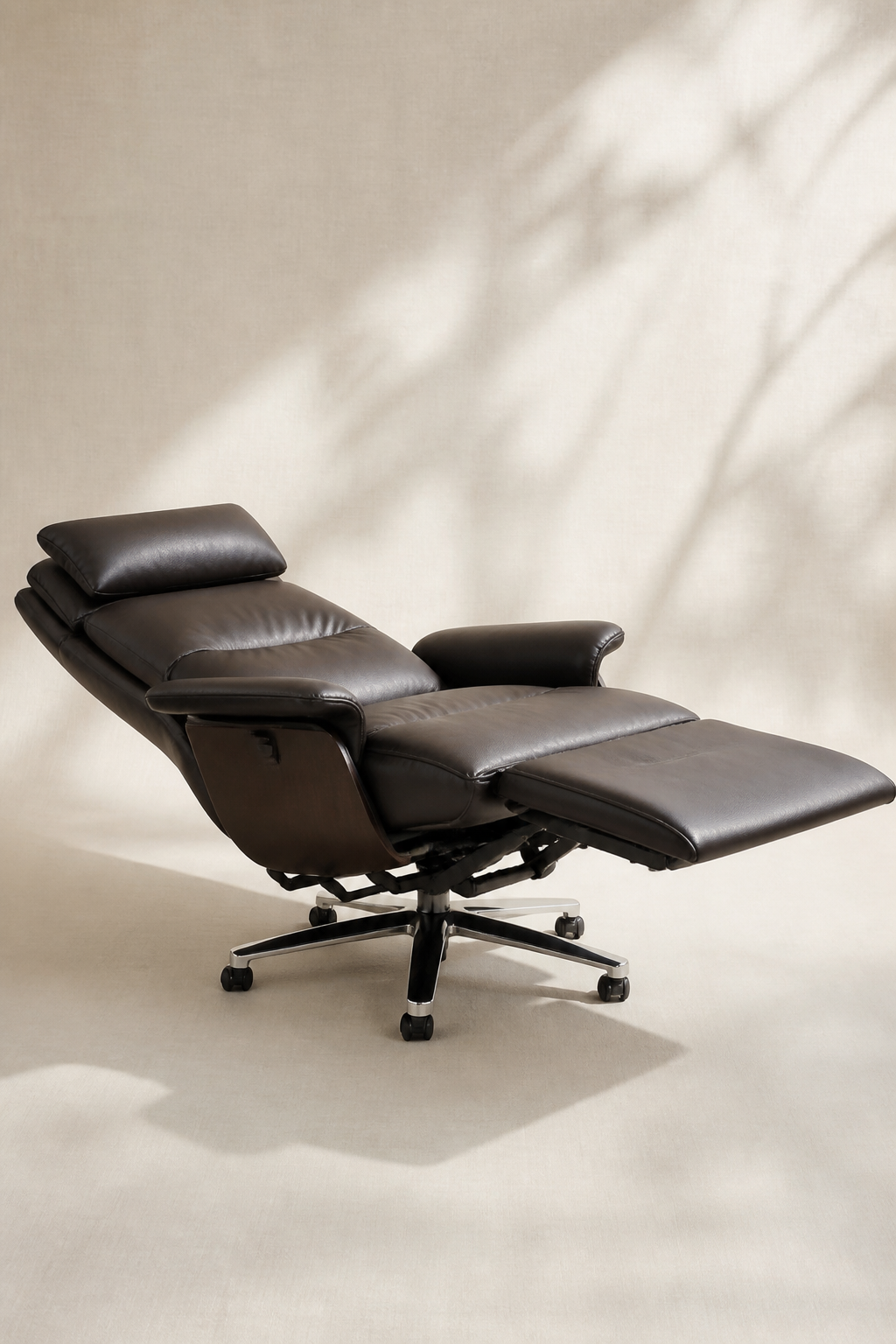 Leather recliner chair shown fully reclined with leg rest