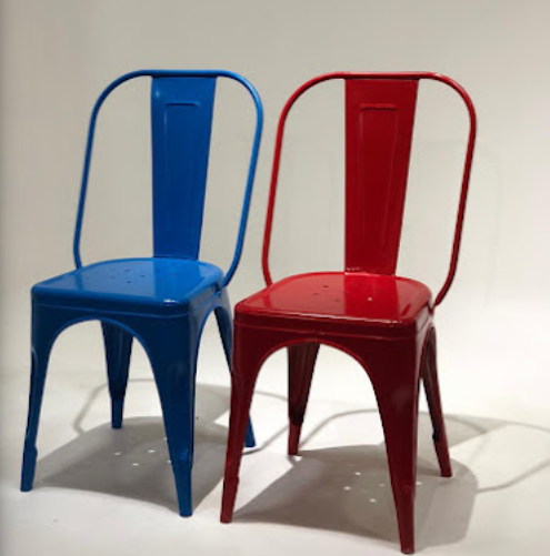 Blue and red industrial metal cafe chairs